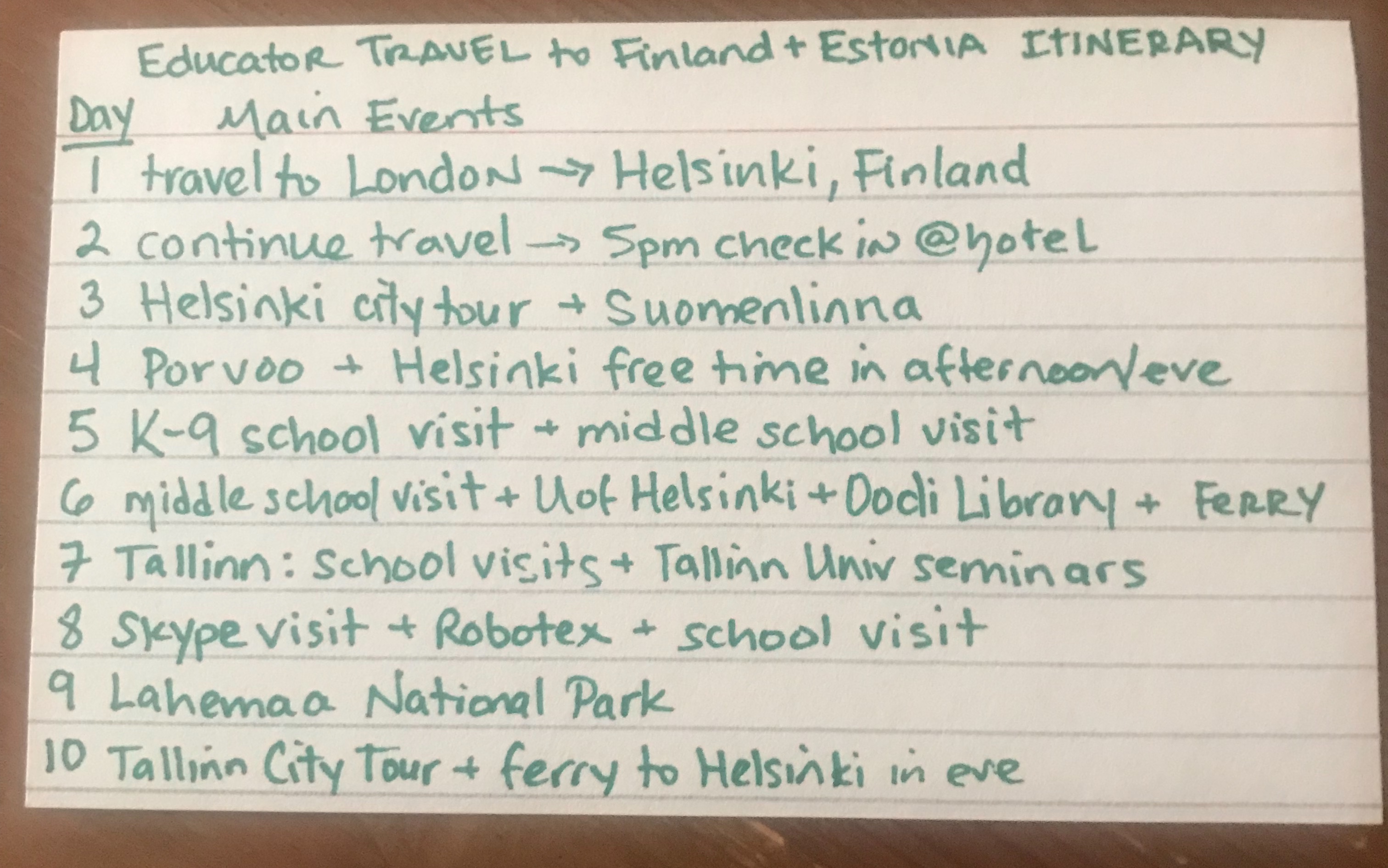 Teacher Travel Itinerary