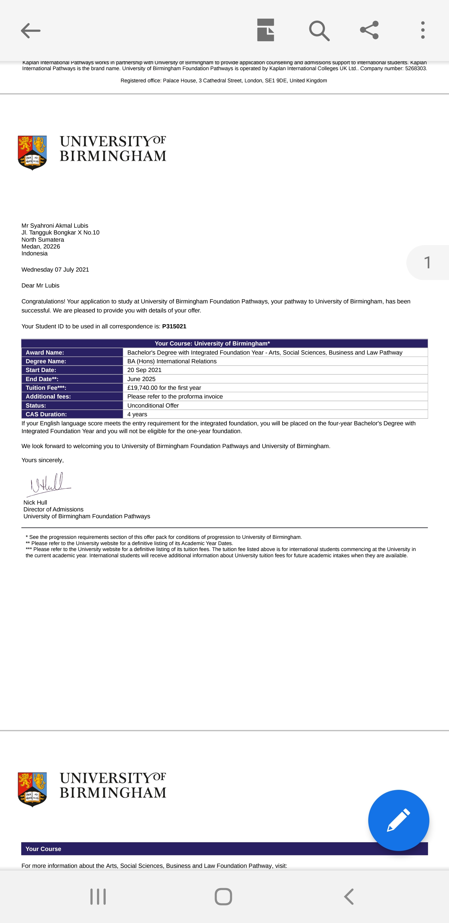 The University of Birmingham Acceptance Letter